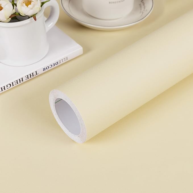 Peel and Stick Wallpaper Contact Paper Light Yellow Textured Self Adhesive | Renter Friendly Wall Paper for Cabinets and Drawers Bedroom Bathroom Decor Wall Covering 15.7'' x 393.7''
