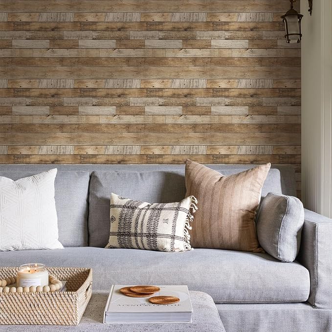 COMSTICKC Peel and Stick Faux Wood Wall Sticker Wall Panels, 10 Pcs of 12" x 12", Not Real Wood, Ultra-Light Thin PVC 3D Fake Wood Shiplap Self-Adhesive Wall Covering Wallpaper Interior Decor
