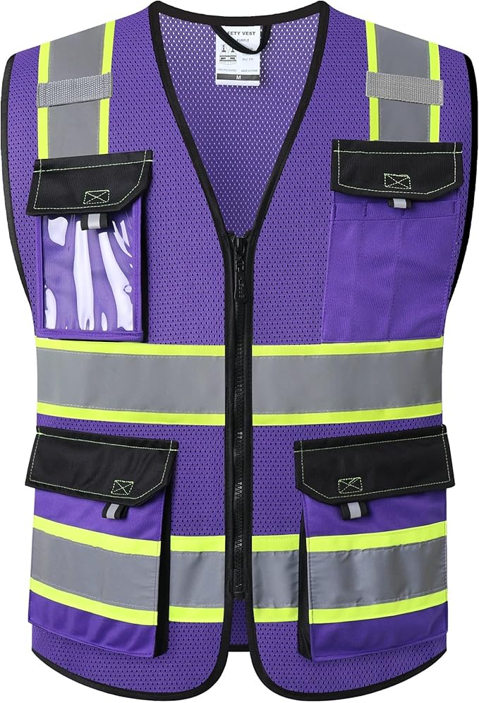JKSafety Hi Vis Reflective Safety Vests for Men Women High Visibility Vest with Pockets Mesh Fabric Construction Safety Apparel Neon Vest for Work (220-PurpleB L)