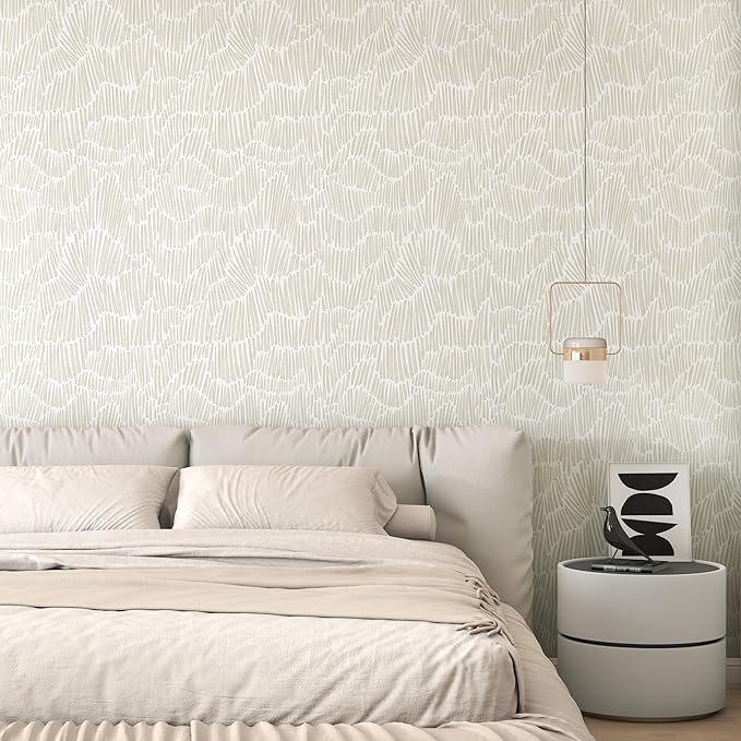 Theper Beige Modern Striped Peel and Stick Wallpaper Boho 17.3"×590" Self Adhesive Removable Wallpaper for Bedroom Waterproof Wall Paper Vinyl White and Gold Contact Paper