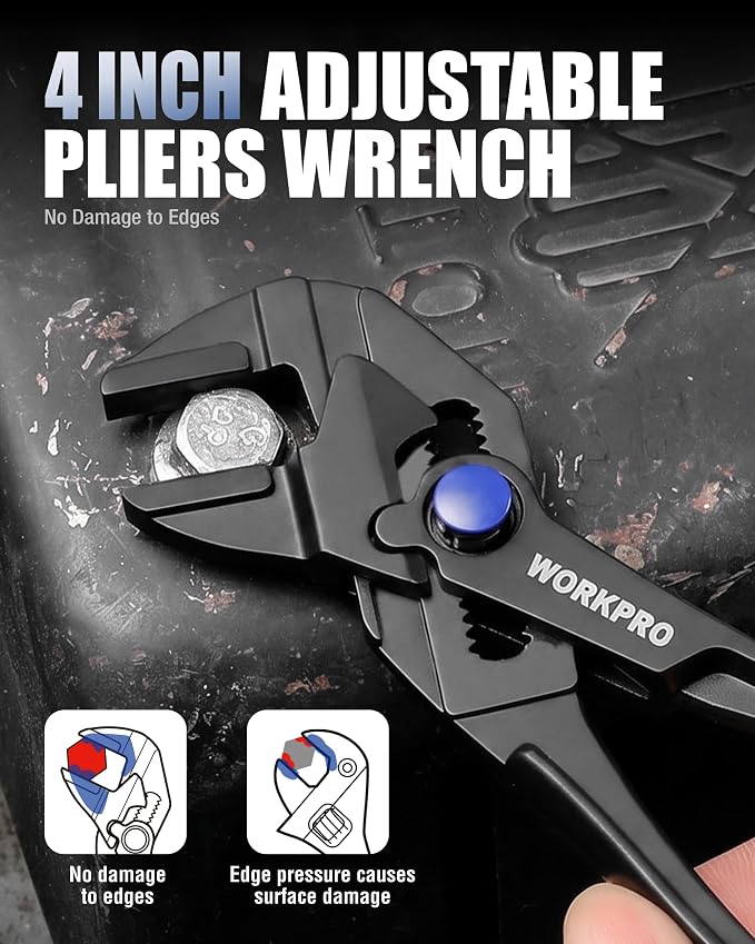 WORKPRO 4-Piece Mini Pliers Set with Pouch, Pocket Pliers, EDC Tool Gift | 4-Inch Plier Wrench, Slip Joint Plier, Water Pump Plier, 4.5-Inch Long Nose Slip Joint Plier, Alloy Steel, Anti-Rust Coating