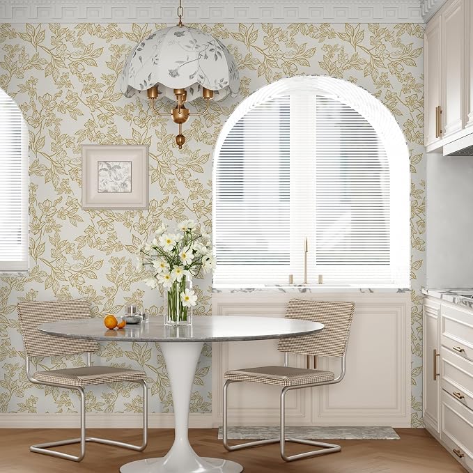 Ismoon Floral Wallpaper Peel and Stick Vintage Flower Beige and Gold Contact Paper for Cabinet Textured Removable Self Adhesive Vinyl Wallpaper for Bedroom 17.3x393in