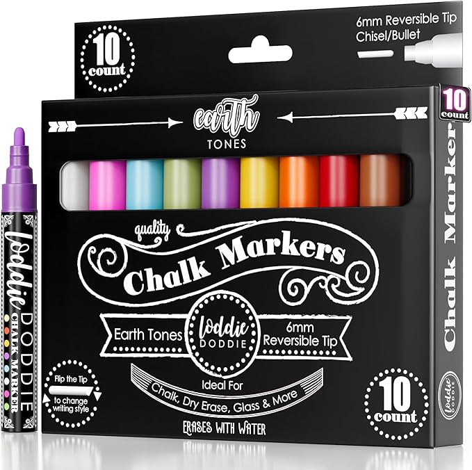 Loddie Doddie Chalk Markers - 10-Pack Earth Tones, 6mm Tips - Erasable Pens for Blackboard & Glass - Reversible Tips for Chalkboard Paint - Vibrant Liquid Chalk Window Markers for Cars & Home Glass