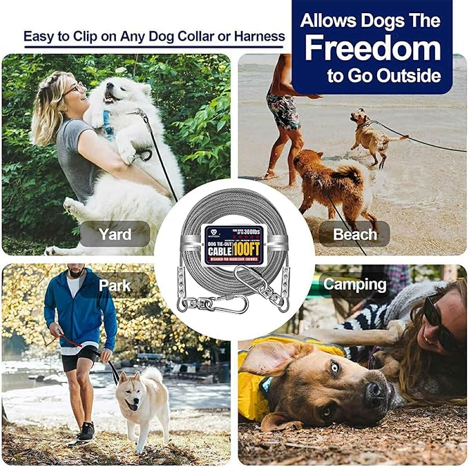 Tie Out Cable for Dogs Up to 300lbs,100ft Extra Strong 1000lbs Break Strength Tie-Out Tether Trolley Training Lead,Dog Run Cable for Yard Garden Park Camping Outside (Silver, 300lbs 100ft)