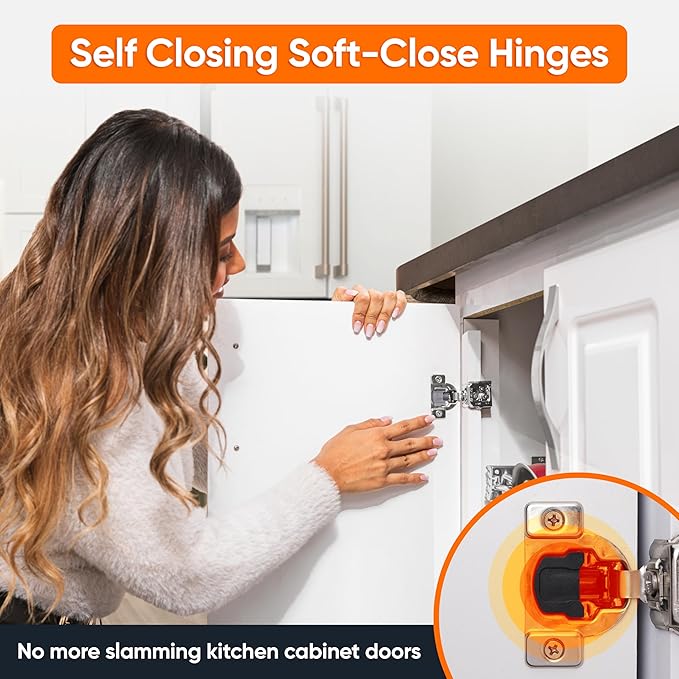 Decobasics 100 Pack Soft Close Cabinet Hinges – 1" Overlay for Kitchen Cabinet Doors, Face Frame Concealed Hidden Hinges – Stainless Steel, Self-Closing with 3-Way Adjustment & Slow Close Damper