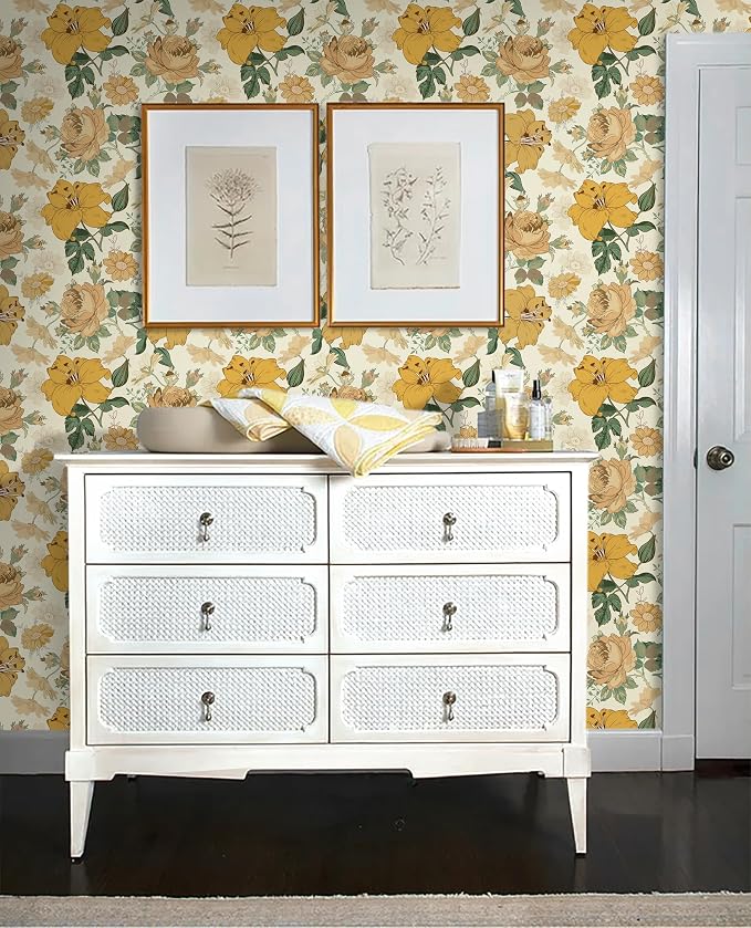 Hopepak Yellow Floral Peel and Stick Wallpaper Modern Flower Contact Paper 16.1'' x 118'' Self Adhesive Removable Waterproof Wall Paper for Bedroom Cabinets Living Room Decor