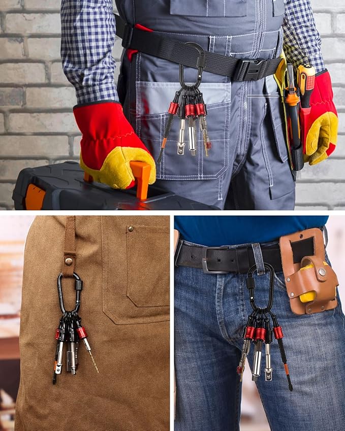 katerk 6pcs Red&Black Bit Holder with Carabiner Socket for Mens Gift, 1/4 inch Hex Shank Aluminum Alloy Screwdriver Bit Holders, Quick Release Easy Change Impact Driver Drill Bit Keychain Extension