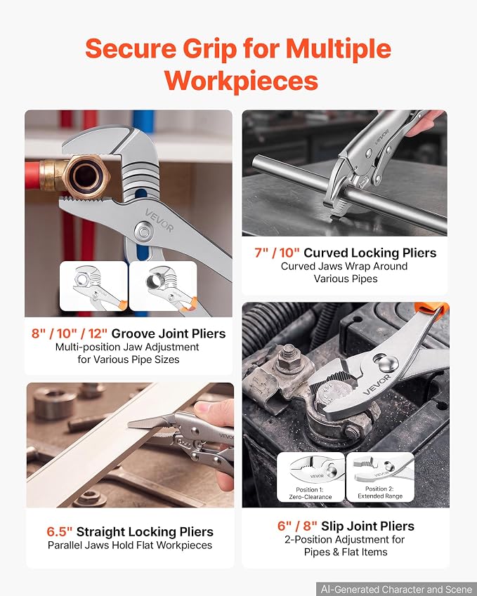 VEVOR Pliers Set 20-Piece Utility Set Polished Carbon Steel Jaw Hand Tools | For DIY & Home Use, Long Nose, Locking, Diagonal, Groove Joint, Snap Ring, Slip Joint Pliers, with 2-Pack Organizer Rack