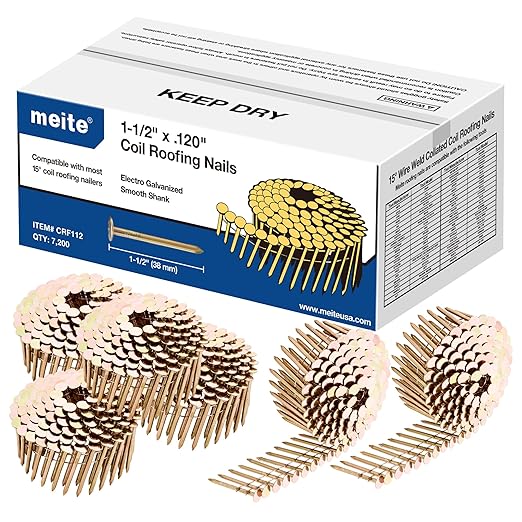 meite 14,400PCS Coil Roofing Nails 1-1/2 Inch Leg for Roofing Nailer Gun, 15 Degree Round Head Wire-Weld Collated Coil Nail, Pro Contractor-Pack Roofing Nails for Roof Repair Asphalt Shingles