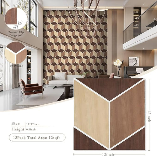 12Pack Acoustic Panels, Self-Adhesive Sound Proof Panels for Walls, Decorative Wood Grain Printing Sound Dampening Panels Sound Absorption Tile for Studio, Office, Home, 12×12×0.4", Dark Walnut Grain
