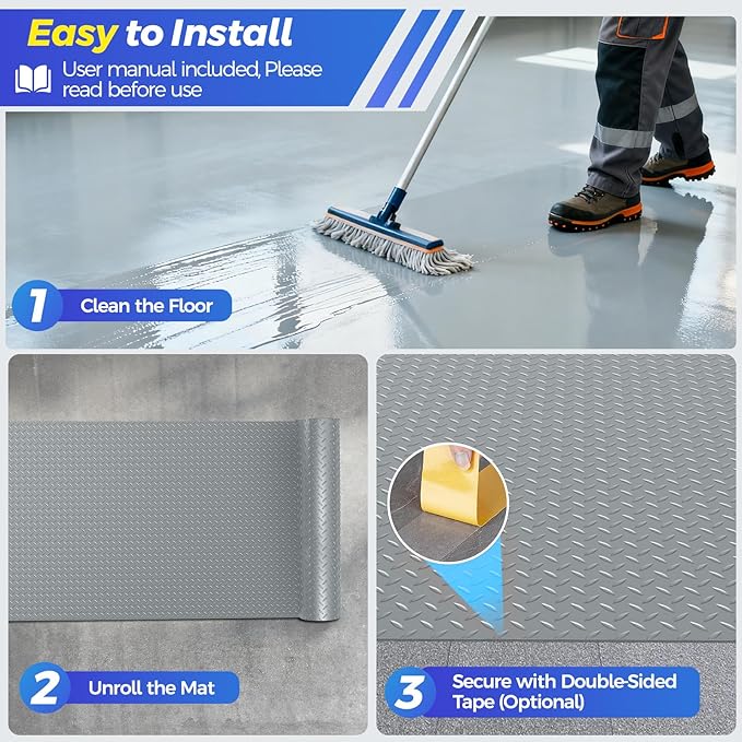 8x21 FT Garage Floor Mat, 2.8mm Thickened Garage Flooring Heavy Duty Rubber Garage Floor Mats for Under Car, Diamond Plate Garage Mat for Garage, Workshop, Enclosed Trailer