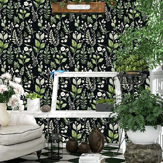 Danodoi Black Green Vintage Leaf Peel and Stick Wallpaper 17.5" x 393" | Waterproof Vinyl Self Adhesive Removable Renter Friendly Floral Contact Paper
