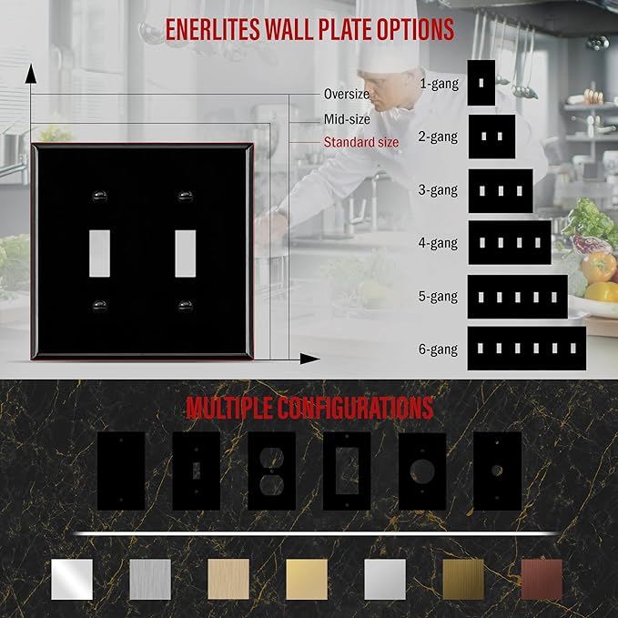 ENERLITES Double Toggle Light Switch Metal Cover Plate, Wall Plate, Corrosion Resistant, Standard Size 2-Gang 4.50" x 4.57", Powder Coated Stamped Steel, 7712-BG, Black Gloss (Pack of 1)