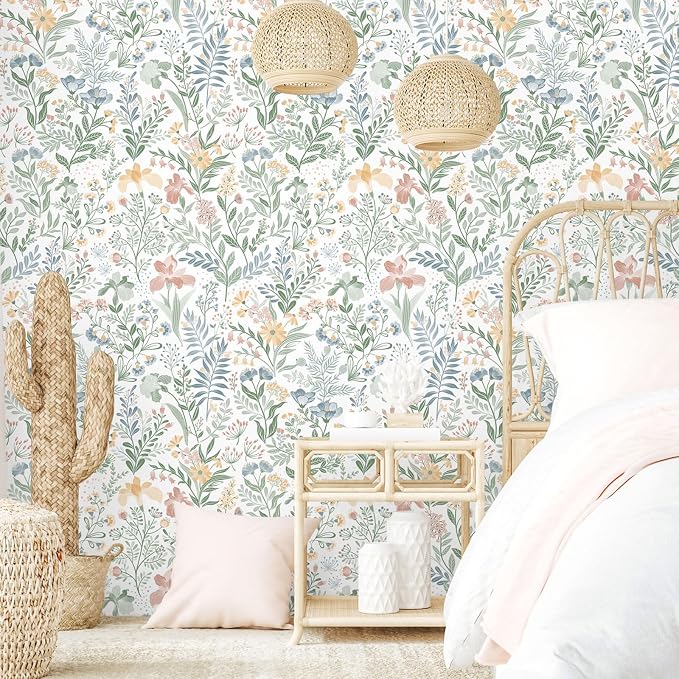 Fititem Floral Peel and Stick Wallpaper Boho Nature Wall Paper 17.3”×197” | Self Adhesive Floral Contact Paper Cabinet Flower Modern Wildflower Wallpaper Removable Waterproof Wallpaper Bathroom Bedroom