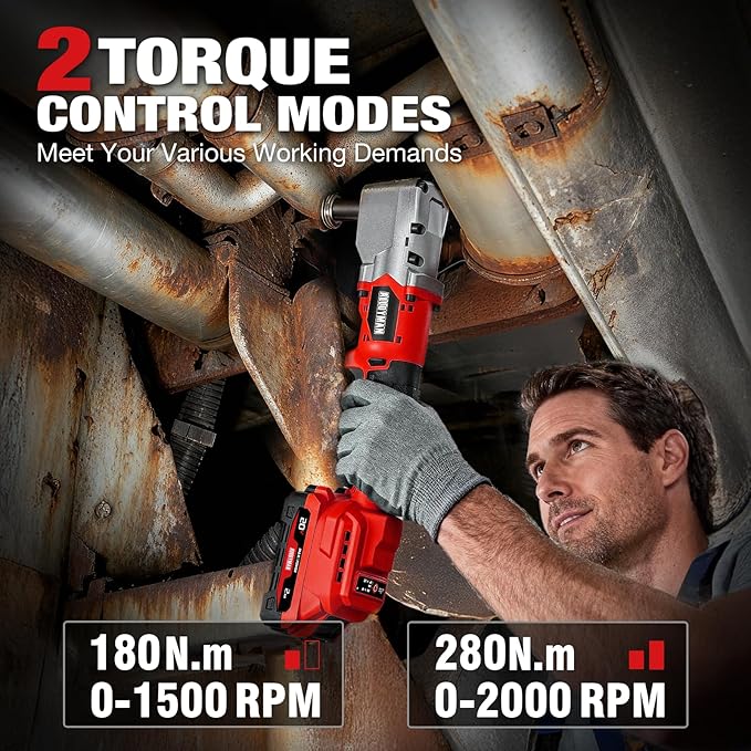 Alloyman 20V Brushless Right Angle Impact Wrench, 1/2", 207 FT-LBS(280.NM) | Slim 90°head, 2-speed control,2 batteries,LED light, for Tight Spaces, Automotive Repair, Engine Bay & Machinery Maintenance