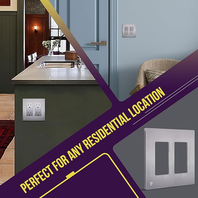 ENERLITES Elite Series Screwless Decorator Wall Plate Child Safe Outlet Cover, Gloss Finish, Size 2-Gang 4.68" H x 4.73" L, Unbreakable Polycarbonate Thermoplastic, SI8832-BSV, Brushed Silver