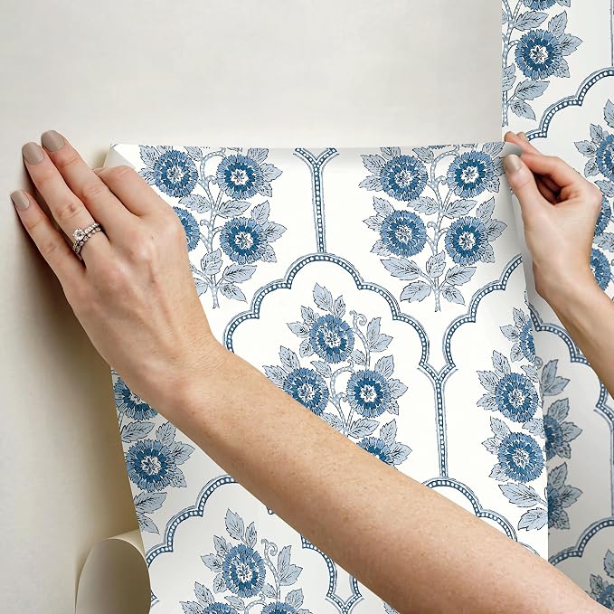 NuWallpaper x Society Social Floral Bazaar Delft Blue Peel and Stick Wallpaper, SSS6315