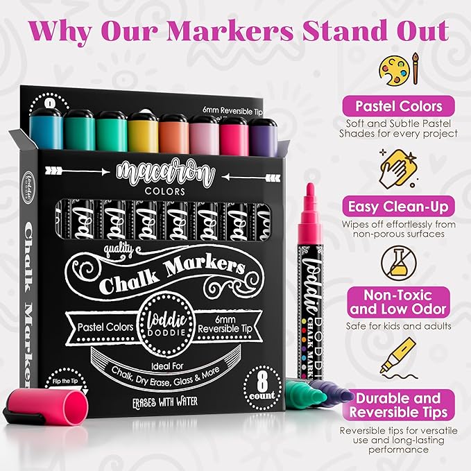 Loddie Doddie Liquid Chalk Markers - Pack of 8 Macaron Pastel 6mm Tip - Dual Tip Fine & Bold Lines with Chalkboard Markers & Chalk Pens - Erasable Liquid Ink on Chalkboard Calendar & Blackboard