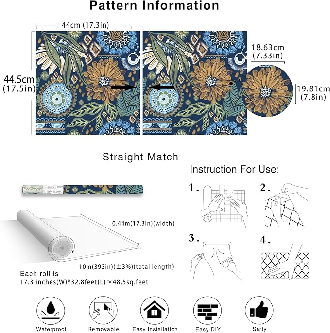 HAOKHOME Peel and Stick Wallpaper Boho Retro Floral Wall Paper Navy Blue Mustard for Bathroom Kitchen Accent Wall 17.3in x 32.8ft