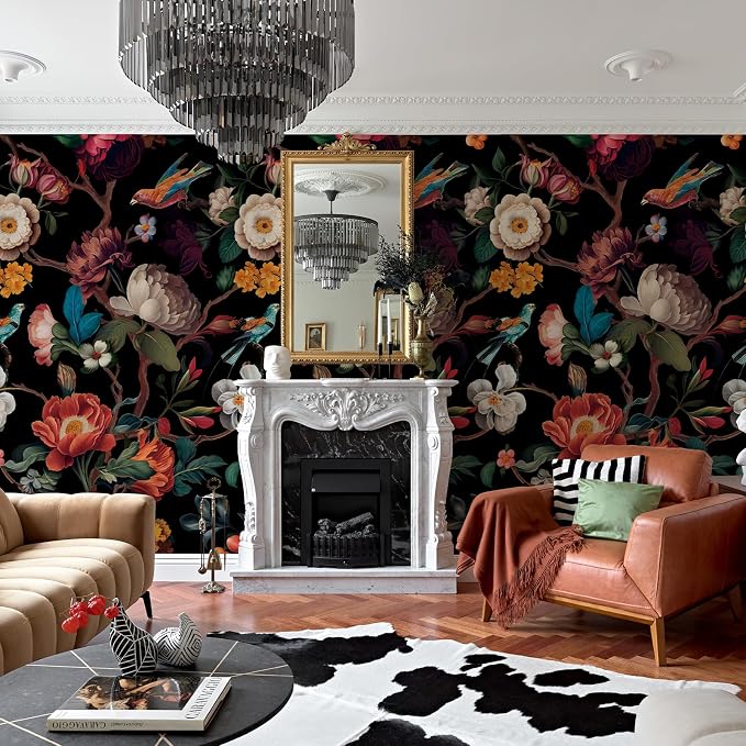 Zeeko Vintage Floral Wallpaper Peel and Stick Large Black Flower Wall Murals for Bedroom TV Background Wall Paintings Art Deco 148" W x 98" H