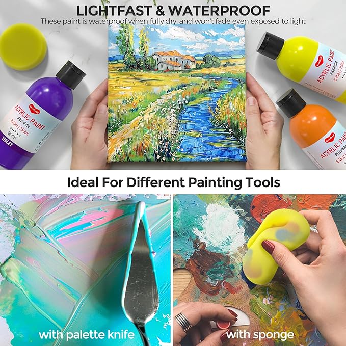 Smallbudi 18 Colors Large Acrylic Paint Set (8.45 oz, 250 ml), Bulk Acrylic Paint Non-Toxic Art Painting Supplies on Multi Surface Canvas Wood Craft Fabric Rock for Artist Beginner with Color Wheel