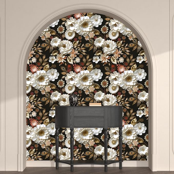 Vintage Wallpaper Peel and Stick Dark Floral Contact Paper 17.5in x 118in White Gold Flower Wallpaper Vinyl Waterproof Self Adhesive Boho Leaf Botanical Wall Paper for Bedroom Cabinet Table Decoration