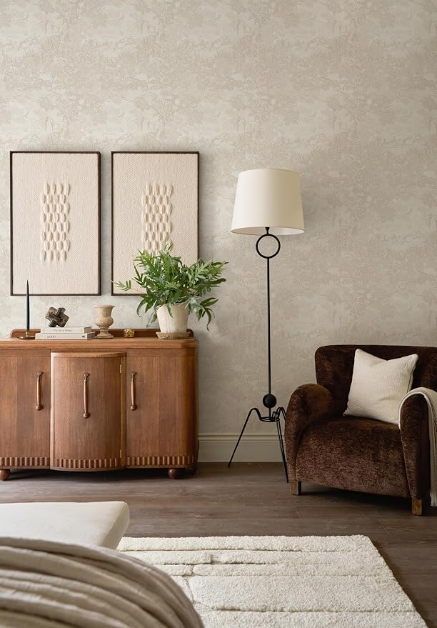 Heroad Peel and Stick Wallpaper Beige Neutral Vintage Forest Animals Floral Wallpaper Removable Self-Adhesive Contact Paper for Bedroom Living Room Cabinets Decoration Thicken Vinyl 17.3''x787''