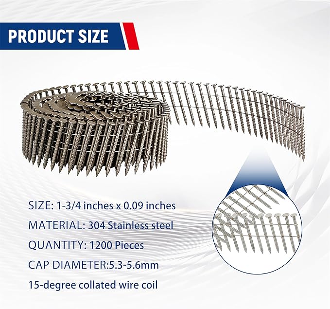 waltyotur 1200 Count Stainless Steel Coil Roofing Ring Shank Siding Nails 15-Degree Collated Wire Coil 1-3/4 Inch, 0.09 Inch Ring Shank, Small Cap Coil Stud Siding Nails