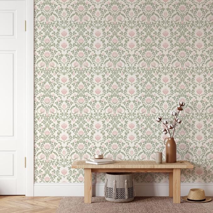 YXTII 590.5" × 17.3" Floral Wallpaper Peel and Stick Pink and Green Wallpaper Vintage Damask Wall Paper for Bedroom Bathroom Decorative Self Adhesive Contact Paper