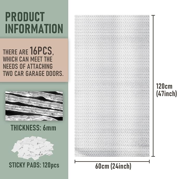 16p 24"x47" Garage Door Insulation Kit, 6mm Double Bubble Reflective Foil | For 2 Car Reflective Aluminum Foil Summer & Winter Barrier Sheets for Garage Greenhouse Attics Walls