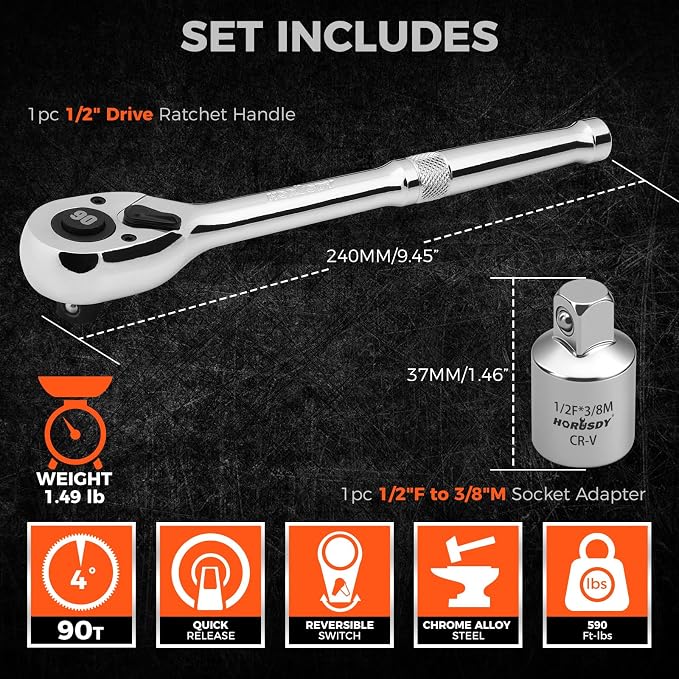HORUSDY 1/2" Drive 90T Quick-Release Ratchet Handle, Reversible Chrome Alloy Socket Wrench with 1/2" to 3/8" Adapter, Durable and Comfortable for Automotive, DIY, Industrial and Bicycle Repairs
