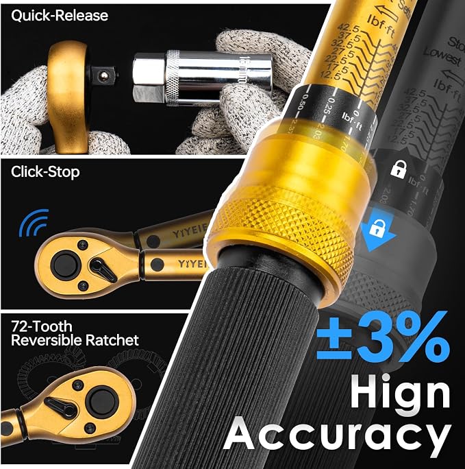 3/8-Inch Drive Torque Wrench Set, 5-50 FT.LB(6.8-67.8 Nm), Magnetic Spark Plug Socket Set, 12-Point Sockets 14mm & 16mm, Spark Plug Gap Tool, ±3% Accuracy, 72-Tooth Torque Wrench for Motor, Car Repair