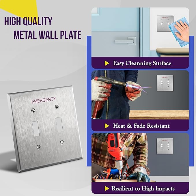 ENERLITES Toggle Light Switch Metal Cover Plate with Emergency Label, Stainless Steel Wall Plate, Corrosion Resistant, Mid-Size 2-Gang 4.88" x 4.92", 430 Stainless Steel, 7712M-E, Silver (Pack of 1)