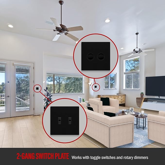ENERLITES Screwless Double Toggle Switch Wall Plate, Child Safe Dual Light Switch Cover, Standard Size 2-Gang 4.68" x 4.73", Unbreakable Polycarbonate Thermoplastic, UL Listed, SI8812-BK, Glossy Black