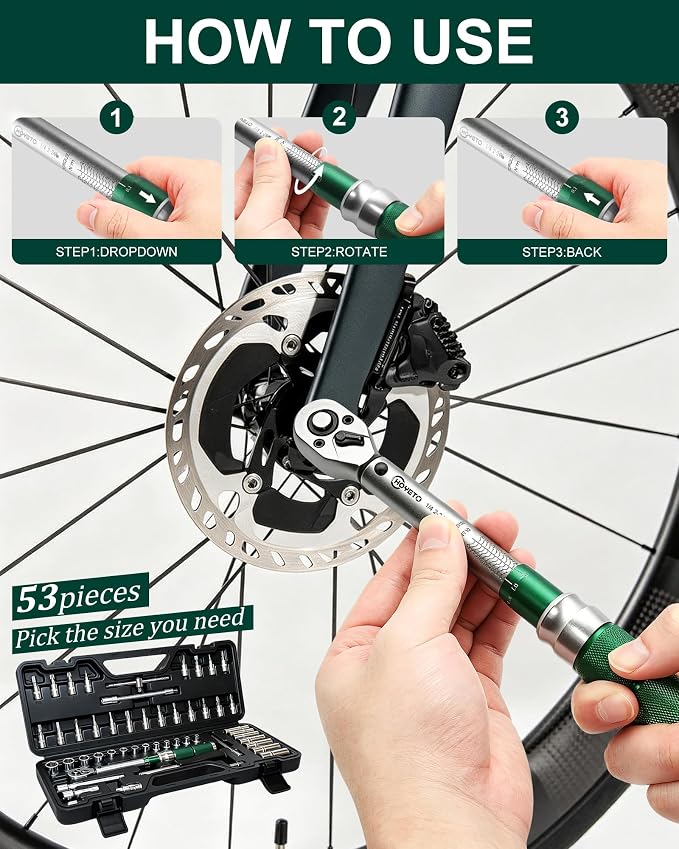 1/4" Drive 53Pcs Click Torque Wrench Set, 2-24 Nm | ±3% High Precision 72-Tooth Reversible Cr-V Tool for Auto, Motorcycle & Bicycle Repair with Storage Case