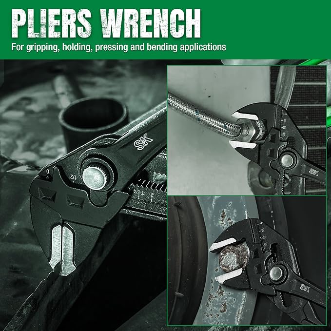 SK Pliers Wrench Set, Adjustable Parallel Smooth Jaw, 6'', 7.5'' & 10'' | 3-Piece Water Pump Pliers, Groove Joint Pliers, Premium CR-V Steel, Ergonomic Anti-slip Handle, with Rolling Pouch