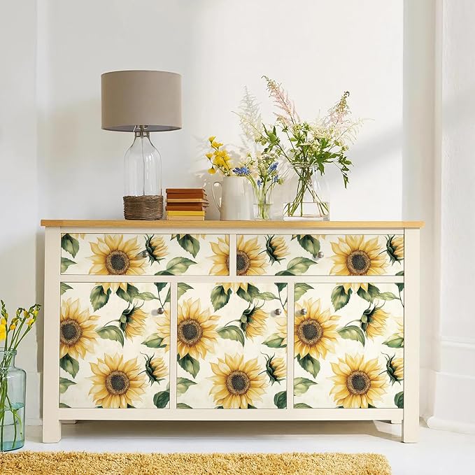 Yasinet Sunflower Peel and Stick Wallpaper Boho Floral Wallpaper Yellow Vintage Contact Paper for Bedroom Cabinets Farmhouse Waterproof Removable Self-Adhesive Wall Paper for Wall Vinyl 17.3''×78.7''