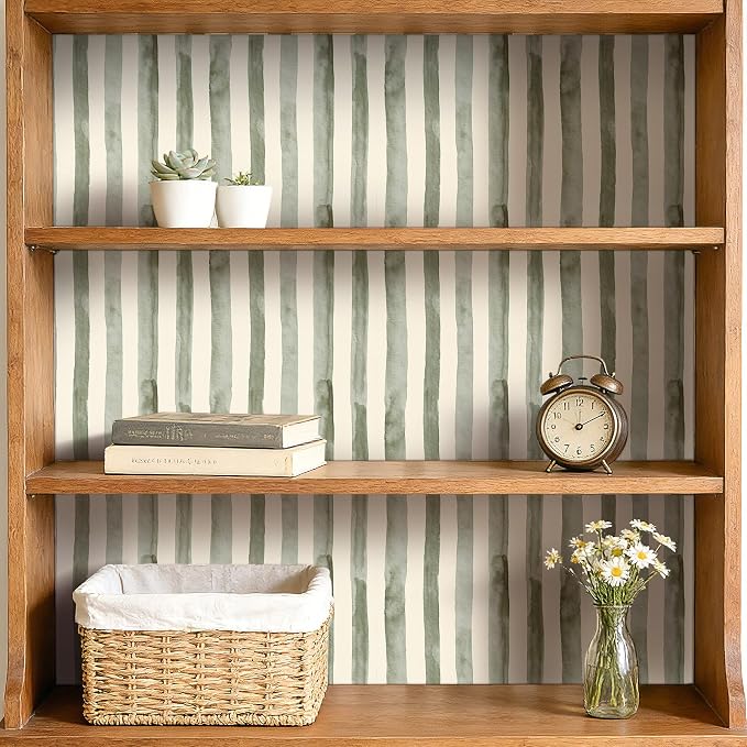 17.5x393 Striped Peel and Stick Wallpaper Watercolor Sage Green Neutral Wallpaper for Bathroom Nursery Boys Room Kids Renter Friendly Light Green Off White Striped Contact Paper Adhesive