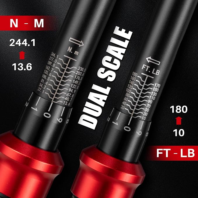 1/2-Inch Drive Click Torque Wrench-10-180 Ft-Lb for Car Motorcycle | Dual-Direction Adjustable 72T Torque Wrench( 13.6-244Nm),Dual Range Scales, High 3% Precision for Bike Auto Wheel Repair DIY