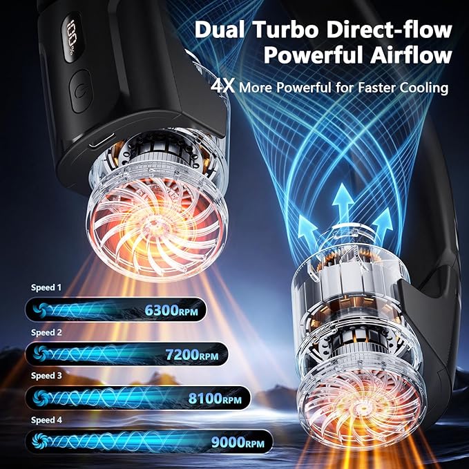 Mavax ChillGo Portable Neck Fan - 8000mAh Personal Wearable Fan, 9000 RPM Direct-flow 4X Powerful 360° Airflow Cooling Fan, Max 16H, 4 Speeds, LED Display, Great Gifts for Men Women - 5th Gen Black