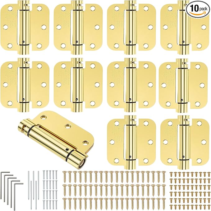 Yaocom 10 Pack Self Closing Door Hinge 3.5 Inch Spring Loaded Hinges with 5/8'' Radius Corners Automatic Door Closer Hinge Adjustable Tension for Garage, Residential(Gold)