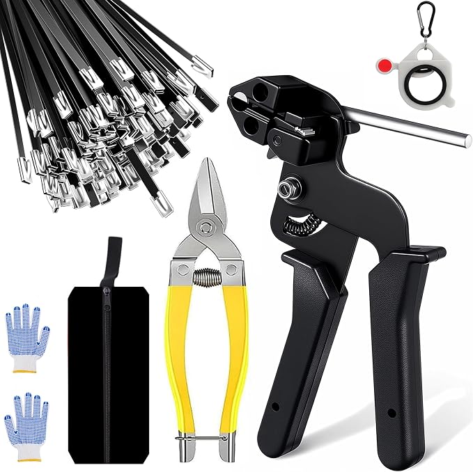 Stainless Steel Cable Tie Gun Kit, 100pcs 11.8inch Black Metal Zip Ties | Self-Locking, UV & Corrosion Resistant Stainless Zip Ties, for Fence, Exhaust Pipe, Chicken Coop, Farm Use