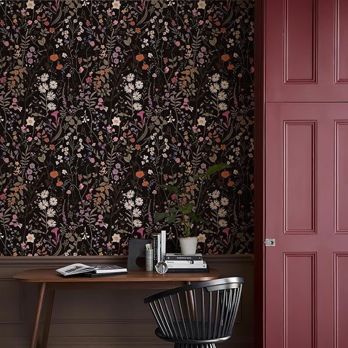 JiffDiff Floral Wallpaper Peel and Stick- 1181" x 17.3" Farm Wildwood Self Adhesive Wall Paper Daisy Flower Contact Paper Dark Floral Stick On Wallpaper
