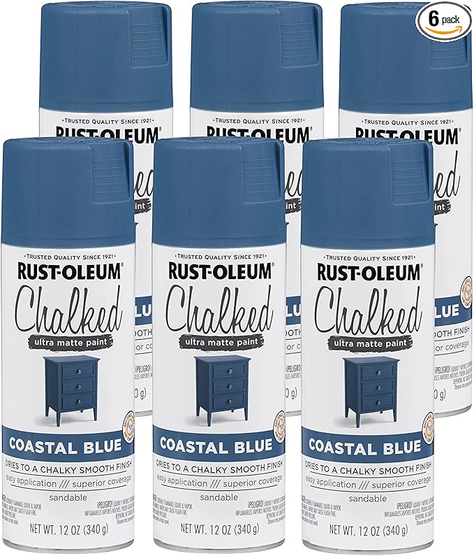 Rust-Oleum Coastal Blue Chalked All-in-One Ultra Matte Spray Paint | One Coat Coverage | No Primer, Sanding, Or Topcoat Needed | Easy Spray Application | Made in USA | 12 OZ | 6 Pack