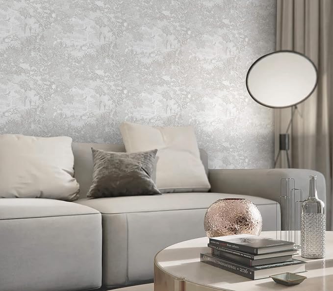 Heroad Peel and Stick Wallpaper Grey and White Vintage Forest Animals Floral Wallpaper Removable Self-Adhesive Contact Paper for Bedroom Living Room Cabinets Decoration Thicken Vinyl 17.3" x 393"