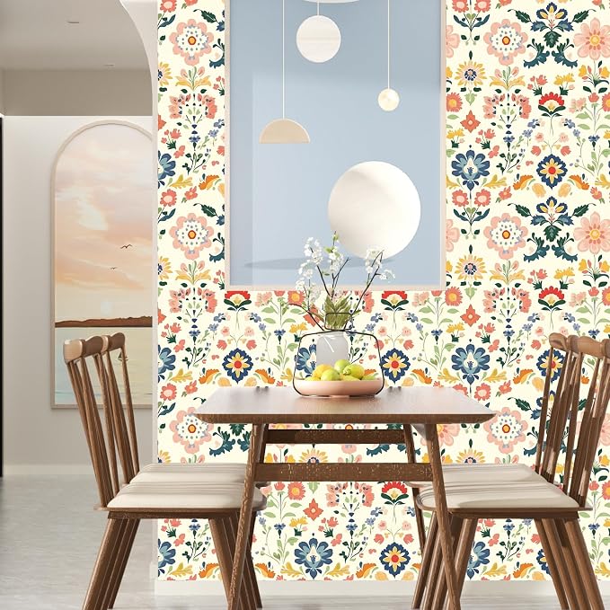 ILHIIOR Pink Floral Peel and Stick Wallpaper Boho Leaf Contact Paper Yellow Flower Removable Self Adhesive Waterproof Wall Paper for Cabinet Drawers Wall Decor Renter Friendly 17.5''x118''