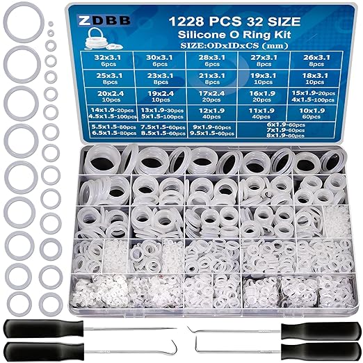 ZDBB 32 Size 1228 PCS Silicone O-Ring Kit, White Oil and Heat Resistant VMQ Seal O-Ring Washer Set for Sealing Faucets and Plumbing with Hook and Pick