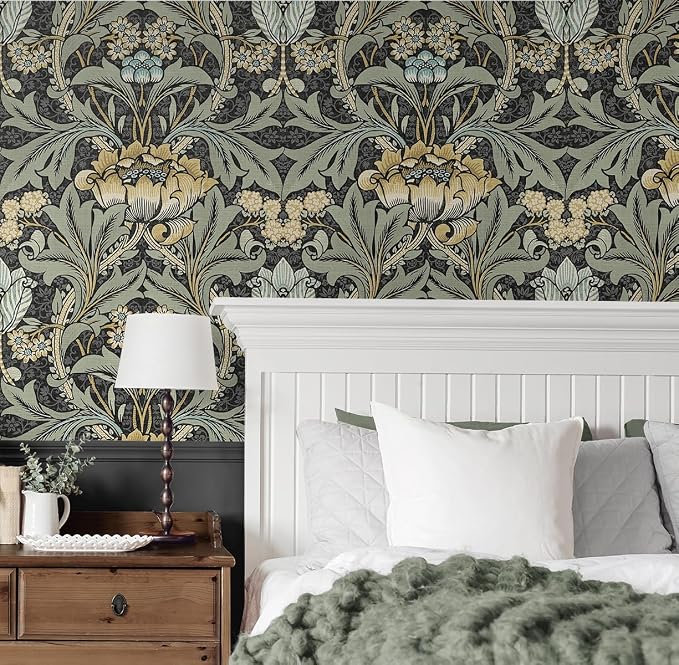 NextWall Acanthus Floral Peel and Stick Wallpaper (Charocal & Goldenrod)