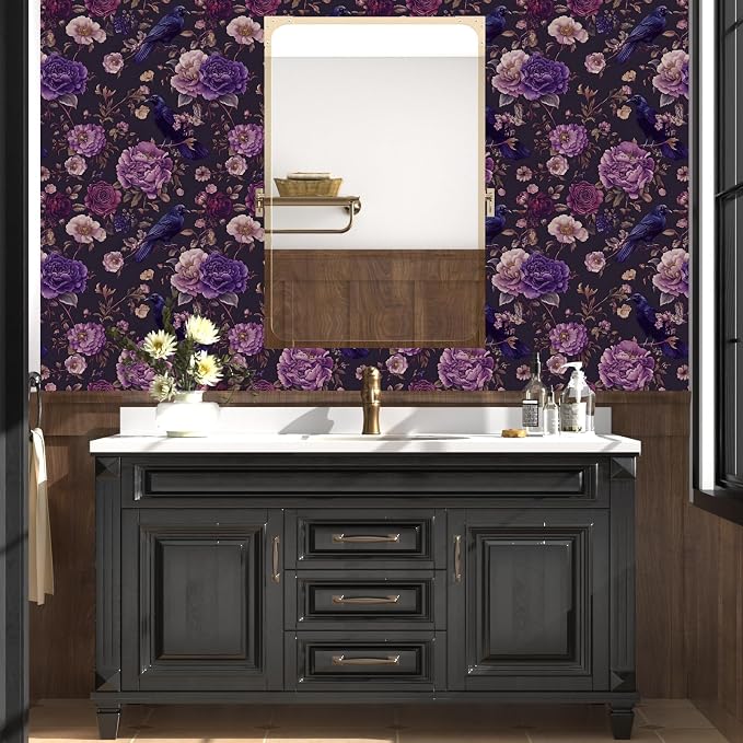 Gothic Dark Purple Crow Floral Wallpaper Peel and Stick 17.5"x118" | Self Adhesive/Removable/Waterproof/Thick Vinyl Vintage Contact Paper for Bathroom Bedroom Shelf Cabinet Drawer,Prepasted