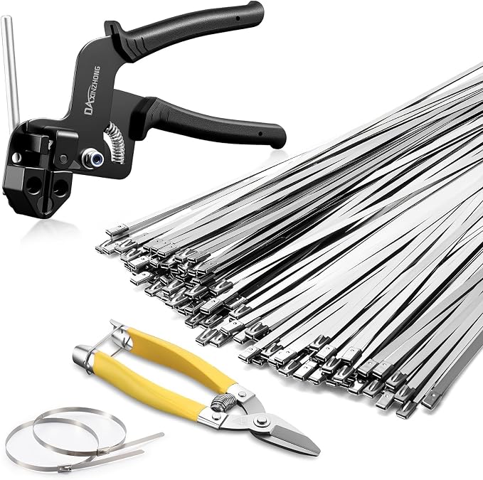Heavy Duty 304 Stainless Steel Cable Tie Gun Kit - 100PCS 11.8" Metal Zip Ties (200LBS) + Industrial Scissors, UV Resistant Tool - Fence Ties, Exhaust Pipe, Chicken Coop, Industrial Use